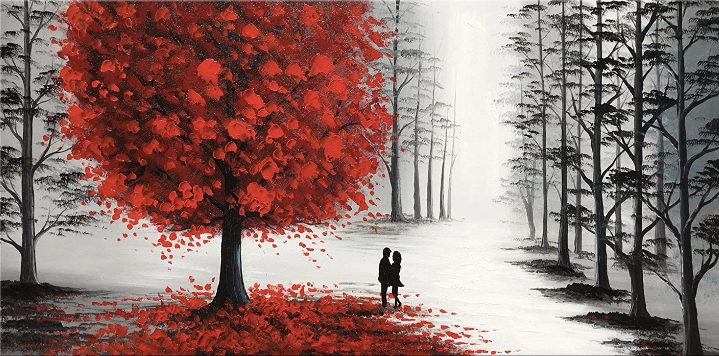 A painting of a single crimson tree in a grey, misty forest; two figures stand beneath it.
